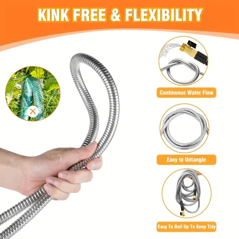 100FT 50FT Stainless Steel Garden Hose Kink-Free & No-Leak Flexible Outdoor Water Pipe with 10 Functions Adjustable Spray Nozzle