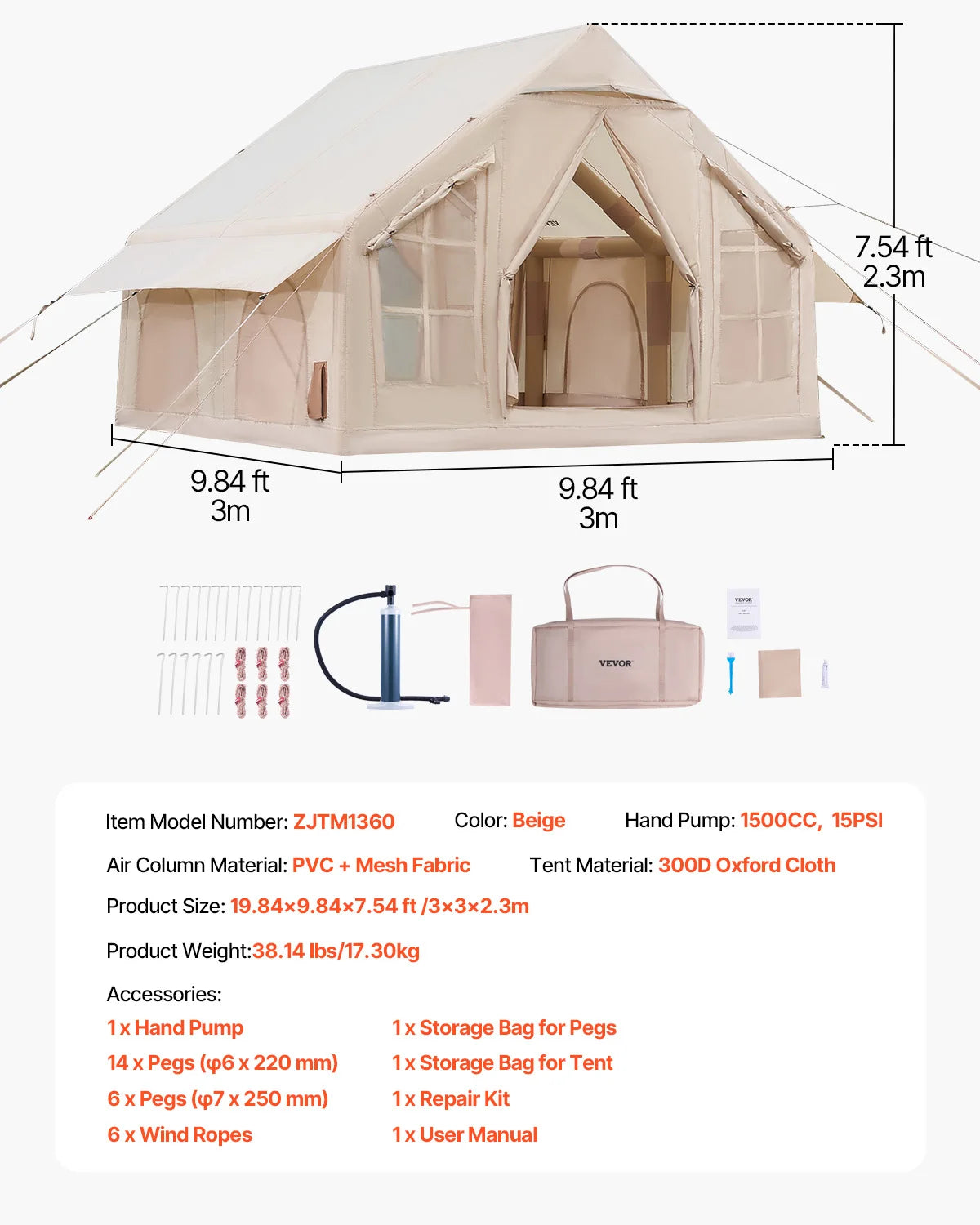 SucceBuy Inflatable Tents for Camp Easy Setup Blow up Tent with Hand Pump 300D Oxford Tent with Stove Jack Storage Bag Included