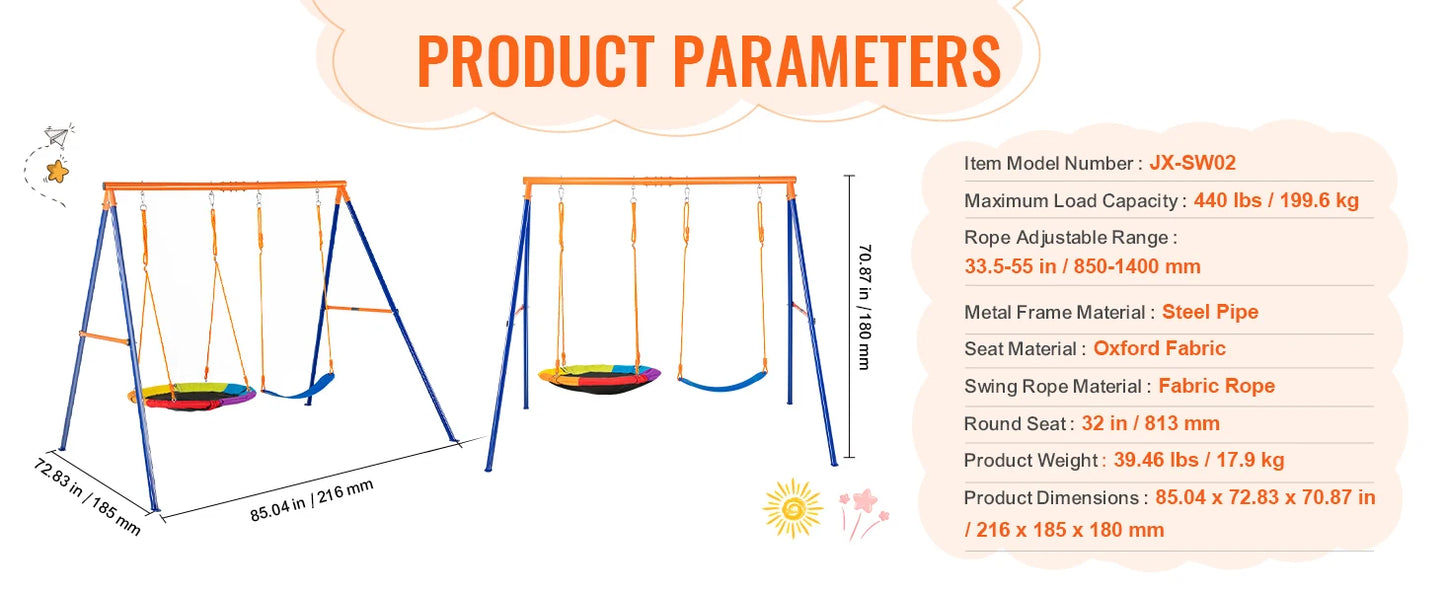 SucceBuy Swing Sets for Backyard 600lbs Capacity Swing Set with 1 Saucer Swing Seat 2 Belt Swing Seats Swingset Outdoor for Kids