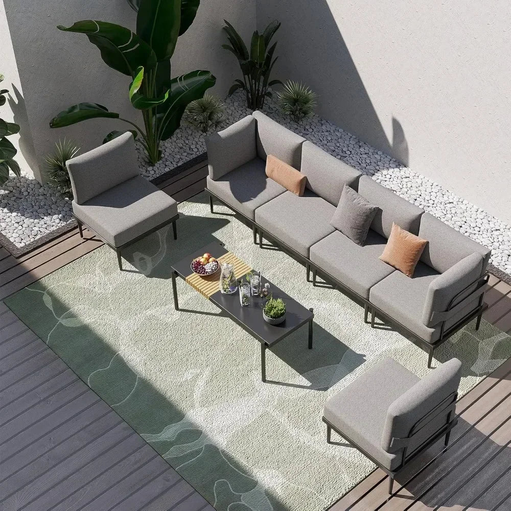 7 Pieces Metal Patio Furniture Set, Outdoor Sectional Sofa w/6 Inch Olefin Cushion, Modern Outdoor Conversation