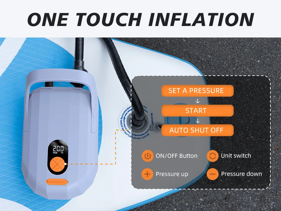 AIRBANK SUP Electric Air Pump with Battery 7800 mAh 20 PSI Max Rechargeable 12 V DC Car Connection Pump for Boards, Surf Kite