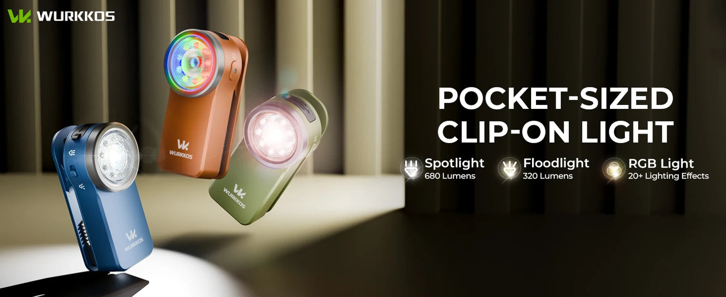 Wurkkos HD03 Clip Light 680LM USB C Rechargeable Pocket Flashlight Mini Spotlight/Flooglight Portable EDC RGB Torch with Magnet